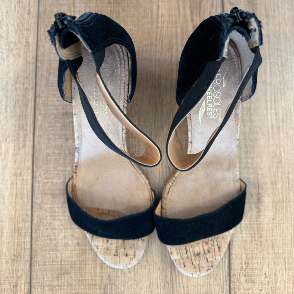 Aerosoles High Hopes Black Leather Ankle Strap Sandals Cork Block Heel Size 9.5 - Picture 5 of 10